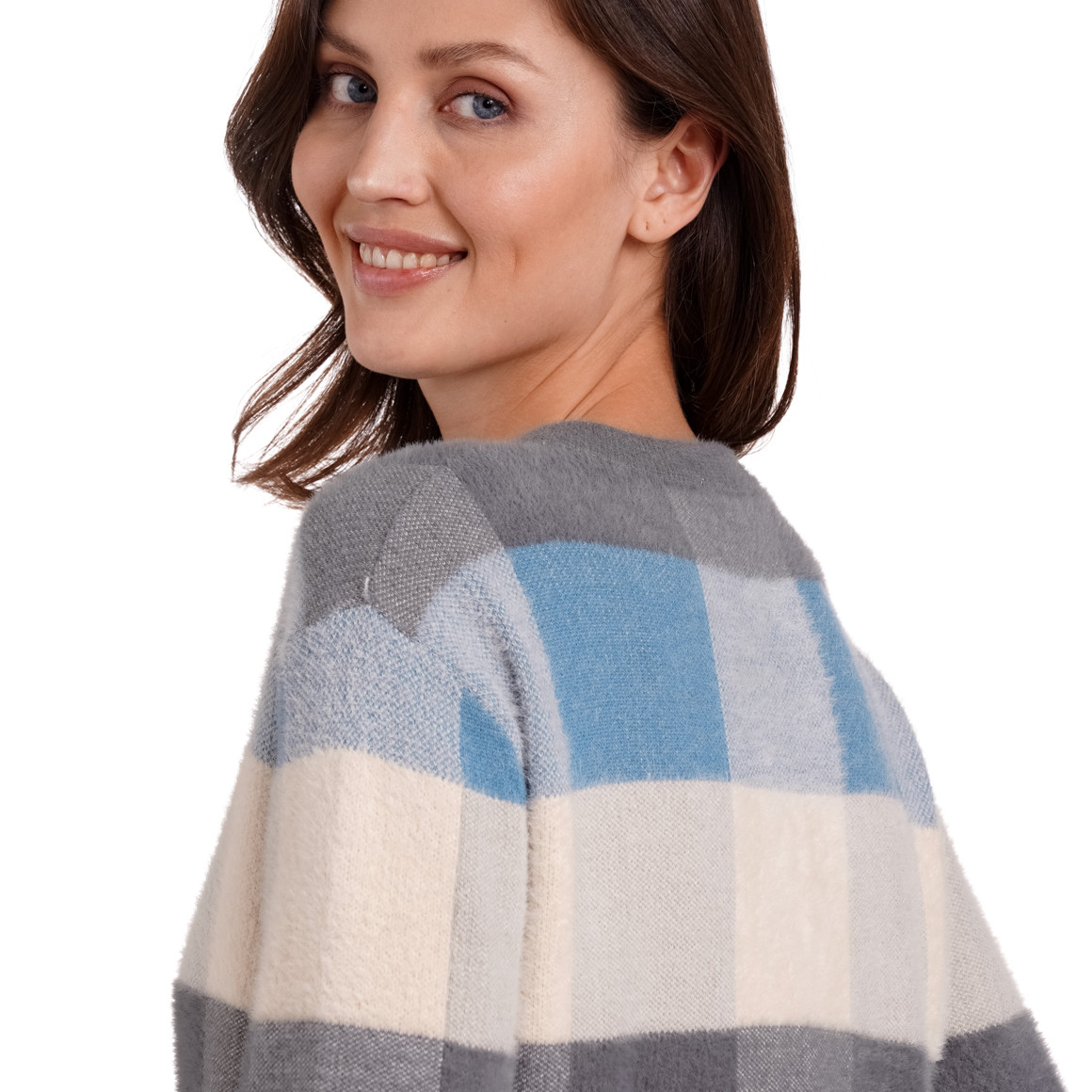 Gina Damen Strickpullover mit Karo-Muster grau / cremeweiss / blau