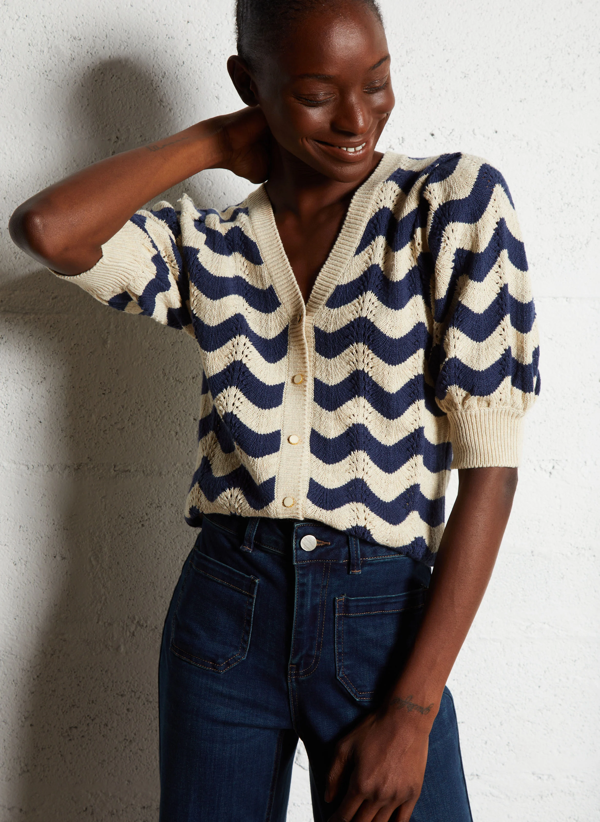Gilet manches courtes rayé en coton mélangé | Bleu