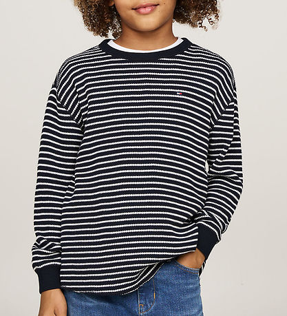 Tommy Hilfiger Bluse - Flag Mini Waffle - Blåe/White Stripes