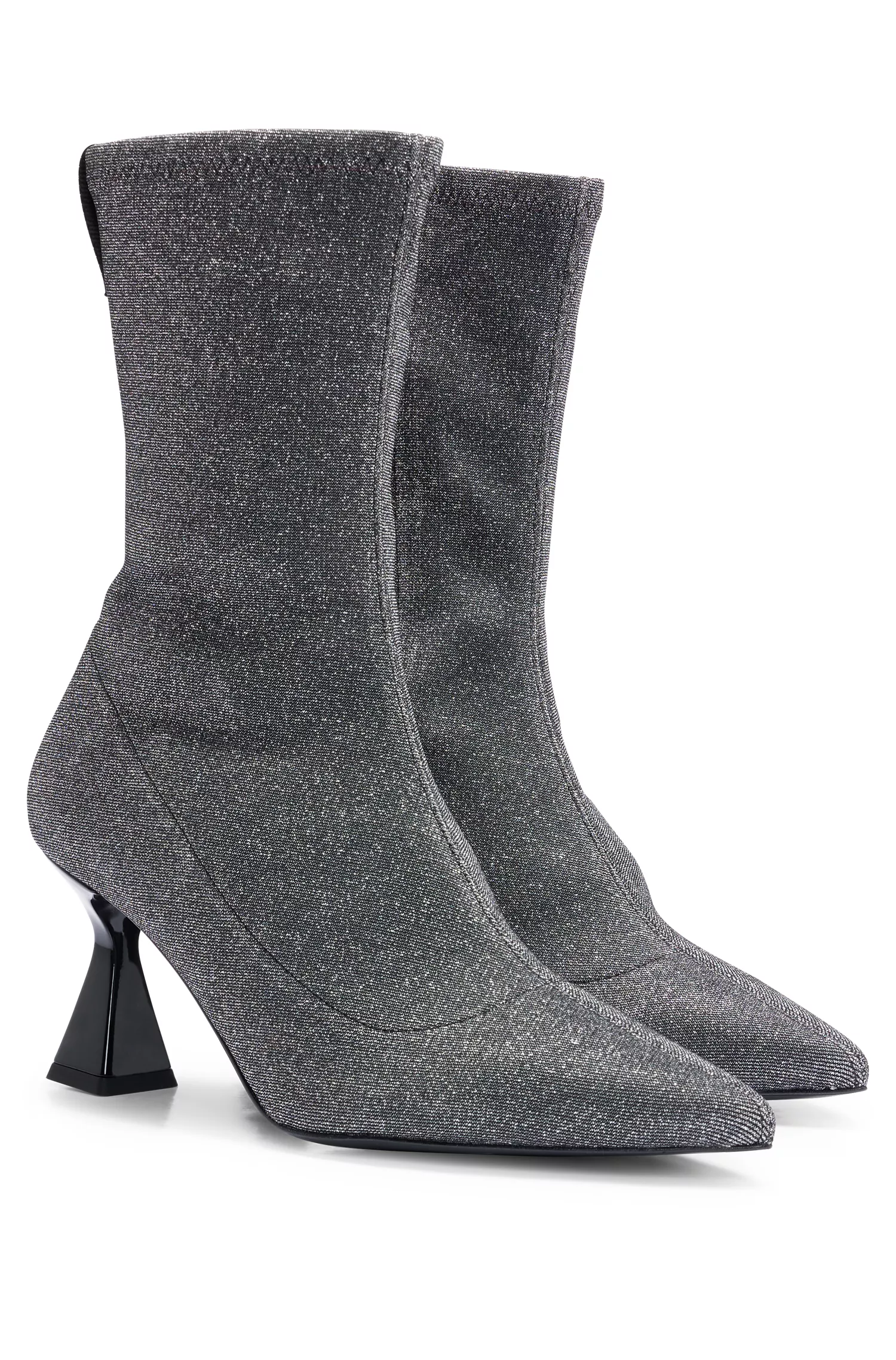 Botas de cano curto HUGO vermelhas com zíper, em tecido brilhante e salto diferenciado.
