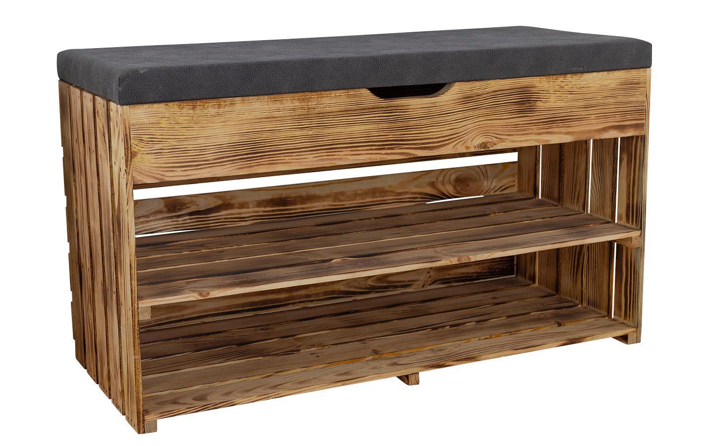 Sitzbank mit Ablage, Braun geflammt, 90 x 55 cm<br>Gepolsterte Sitzbank mit Schuhablage