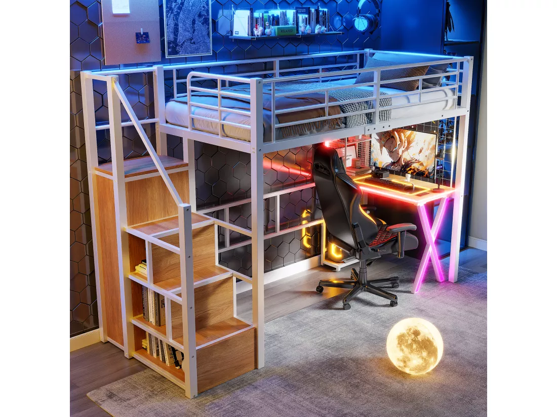 Lit mezzanine 90 x 200 cm avec bureau, penderie, étagères - Lumière d'ambiance - Métal - Blanc (sans matelas)