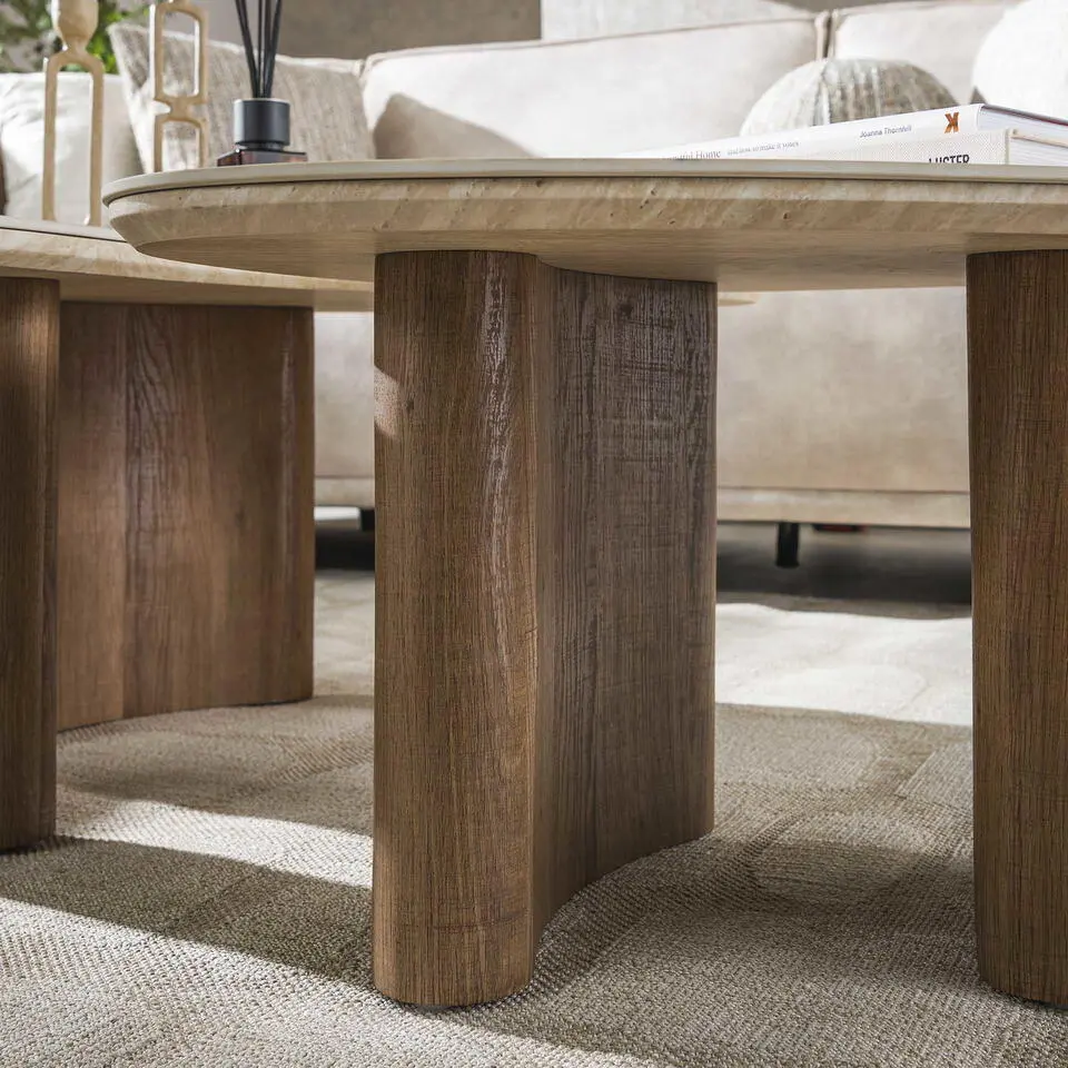 Salontafel Set van 2 - Organisch Travertin - Beige/Hout - Organic
