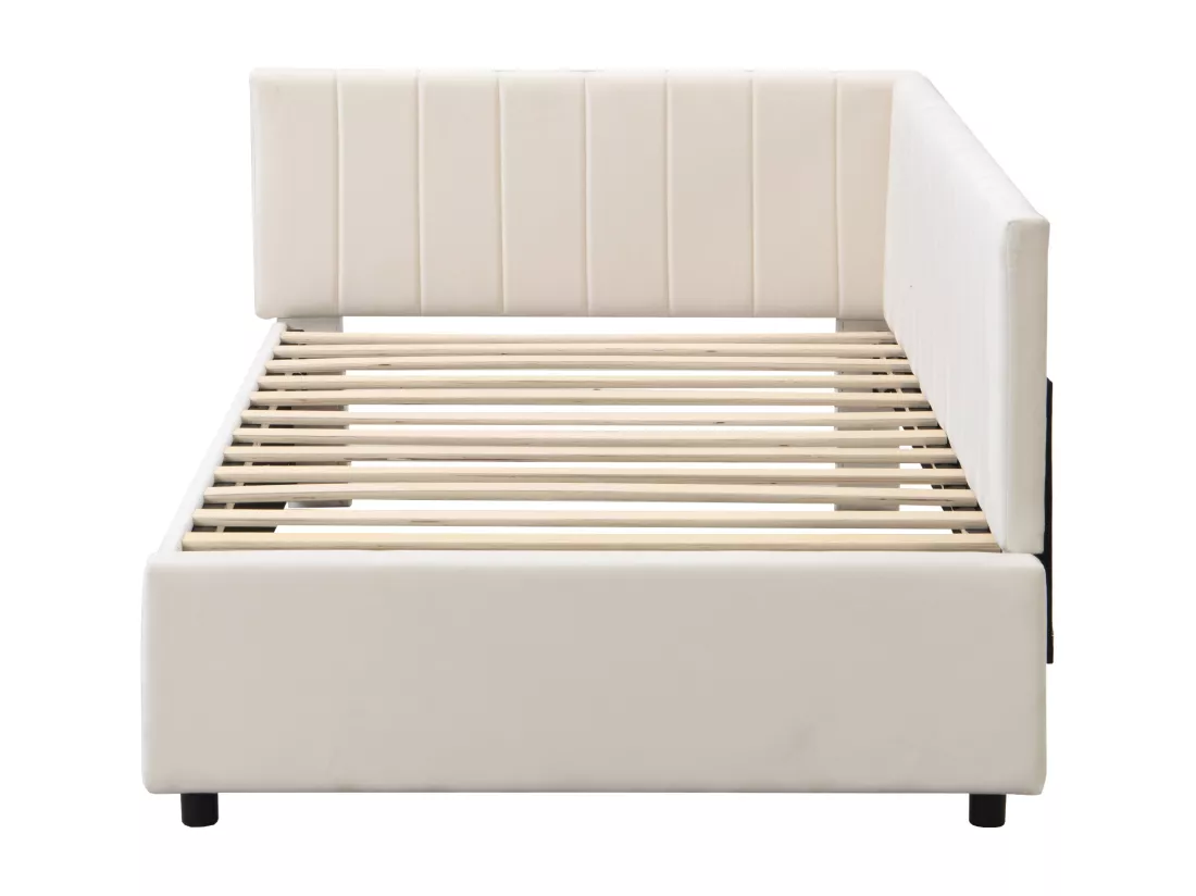 Canapé-lit rembourré 90*200, Lit multifonctionnel avec sommier à lattes, Tissu velours, Beige