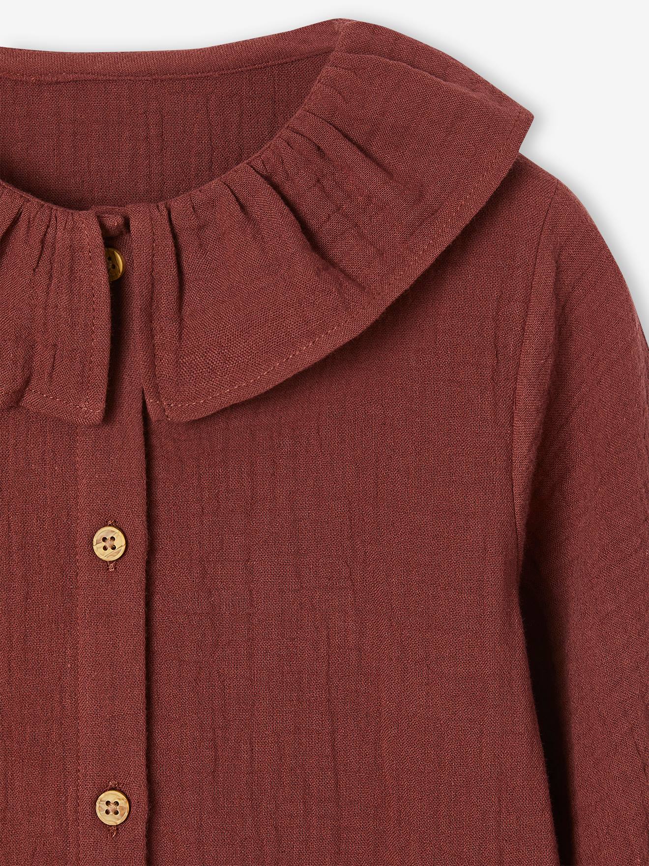 Vestido infantil em chiffon de algodão cor chocolate com botões.