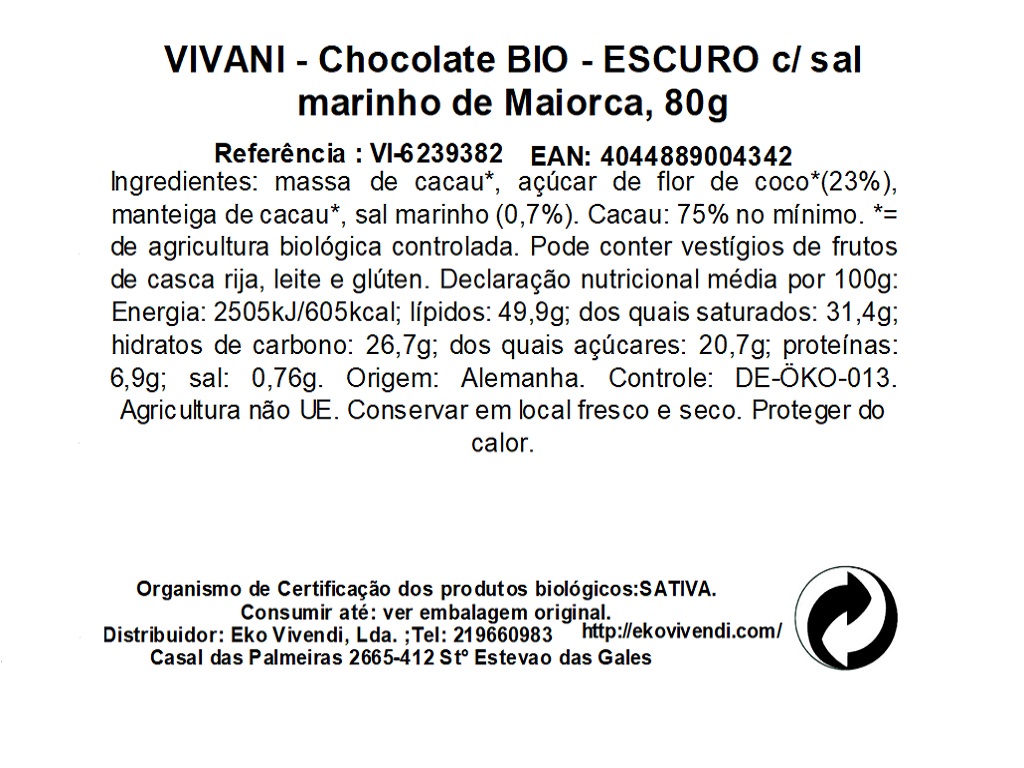 CHOCOLATE VIVANI PRETO COM SAL MARINHO BIO 80G