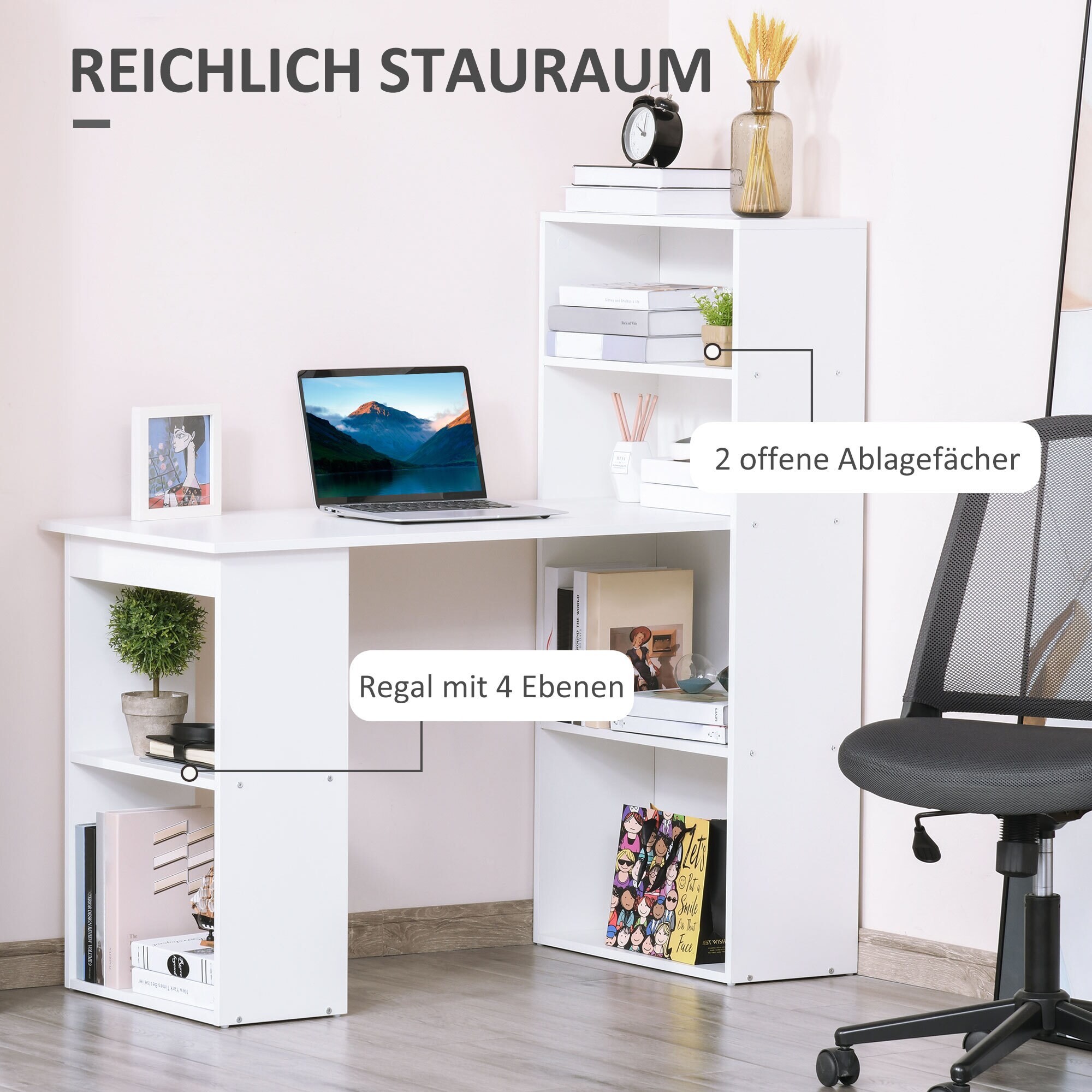 HOMCOM Schreibtisch mit 6 Ablagefächer weiß 120L x 55B x 120H cm