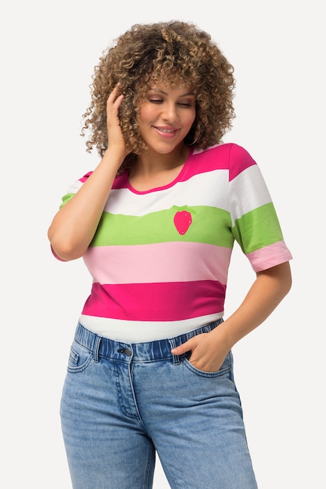 T-Shirt, Ringel, Stickerei, Rundhals, Halbarm
