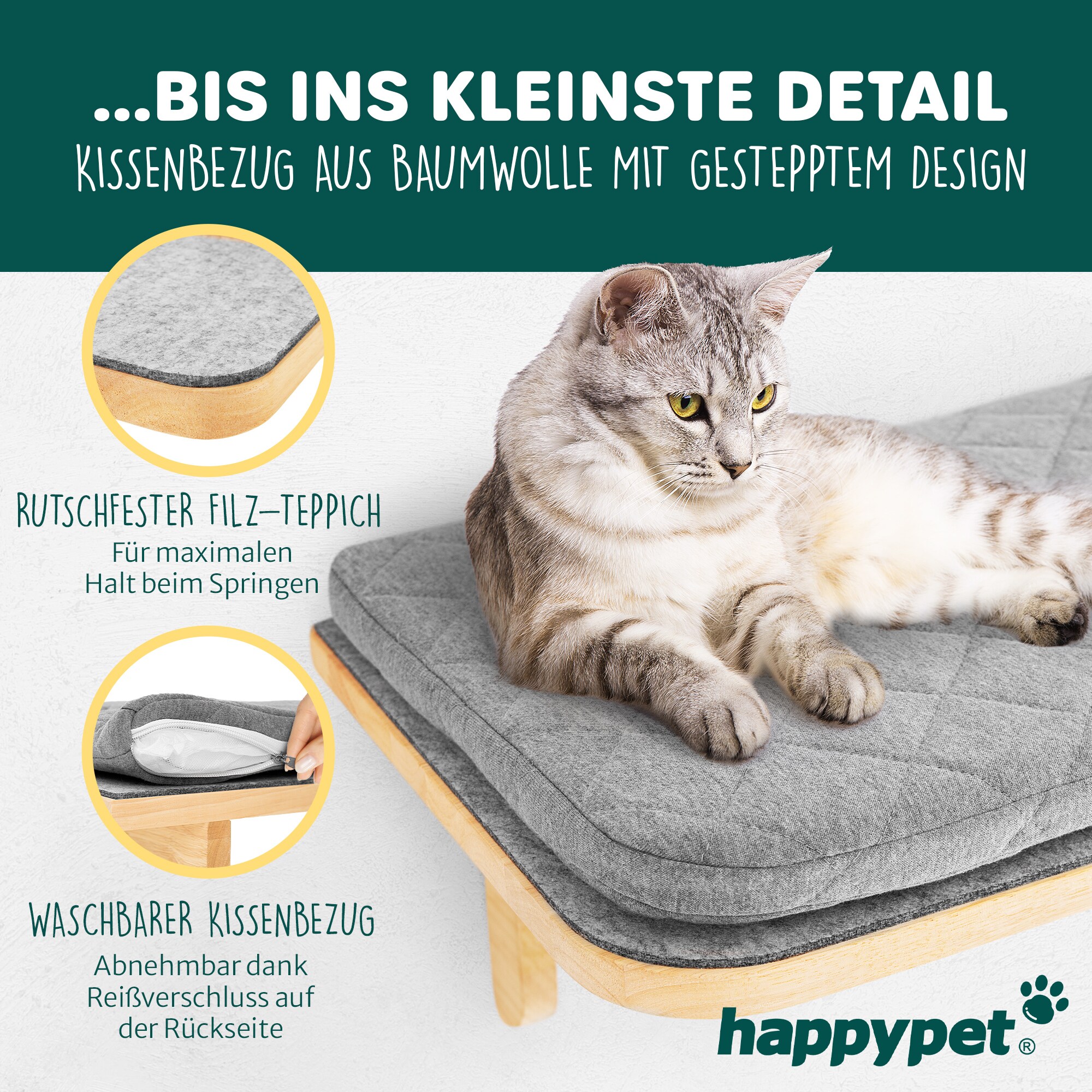 HAPPYPET Katzen Kletterwand Set 3-teilig für große Katzen– Wandkratzbaum mit Katzenbett, inkl. 4 x Katzenstufen Luxus Katzenwand Stabil, Katzenregal aus Massivholz, belastbar bis 45 Kg |2 Stufen M Kletterwand Set 2 M