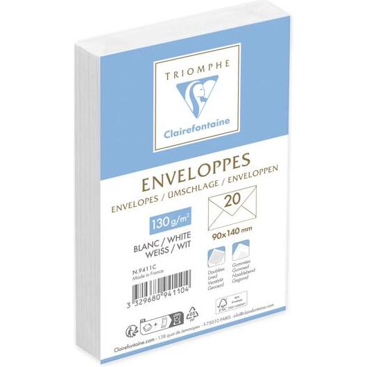 Paquet de 20 Enveloppes Blanches Doublées Triomphe 90x140mm - Gommées - 130g/m2 - Blanc