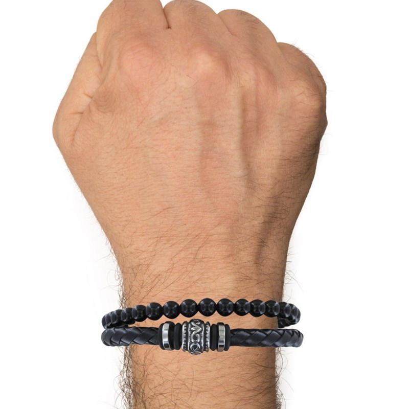 Bracelet Acier Homme Cuir Noir et Perles d'Onyx Noir - taille 19 cm