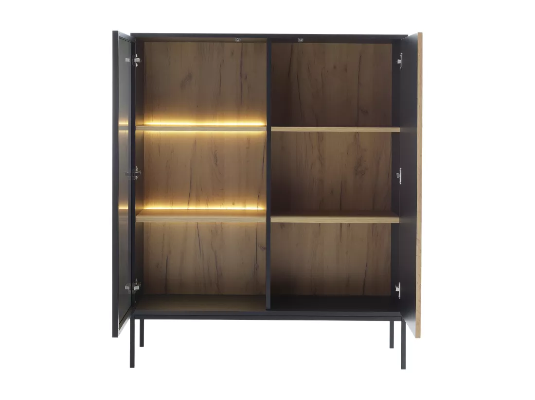 Vitrine 2 portes avec LEDs en MDF et verre fumé - Noir et Naturel - OVILA
