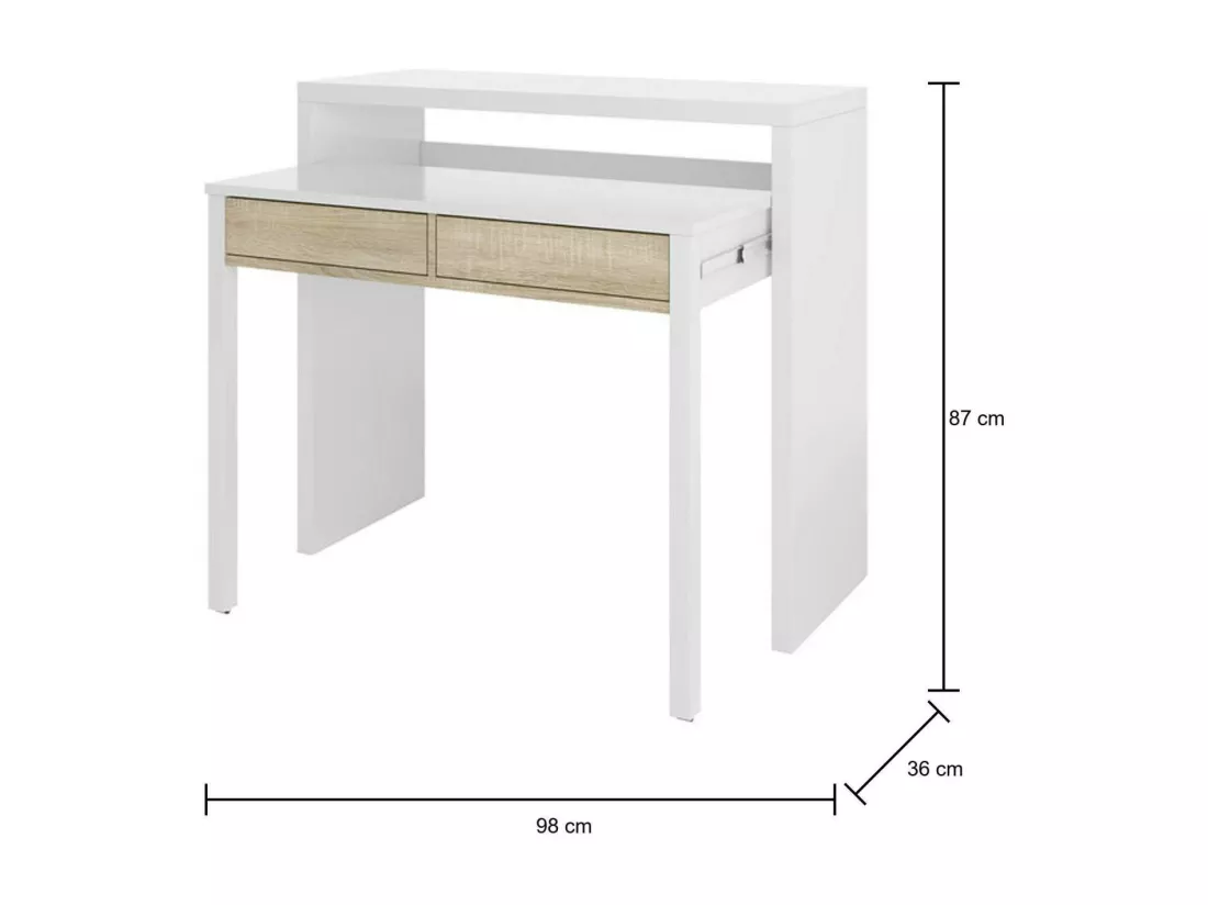 Bureau Billings, Bureau avec plateau extensible, Bureau PC avec 2 tiroirs, 99x36h88 cm, Blanc et Chêne
