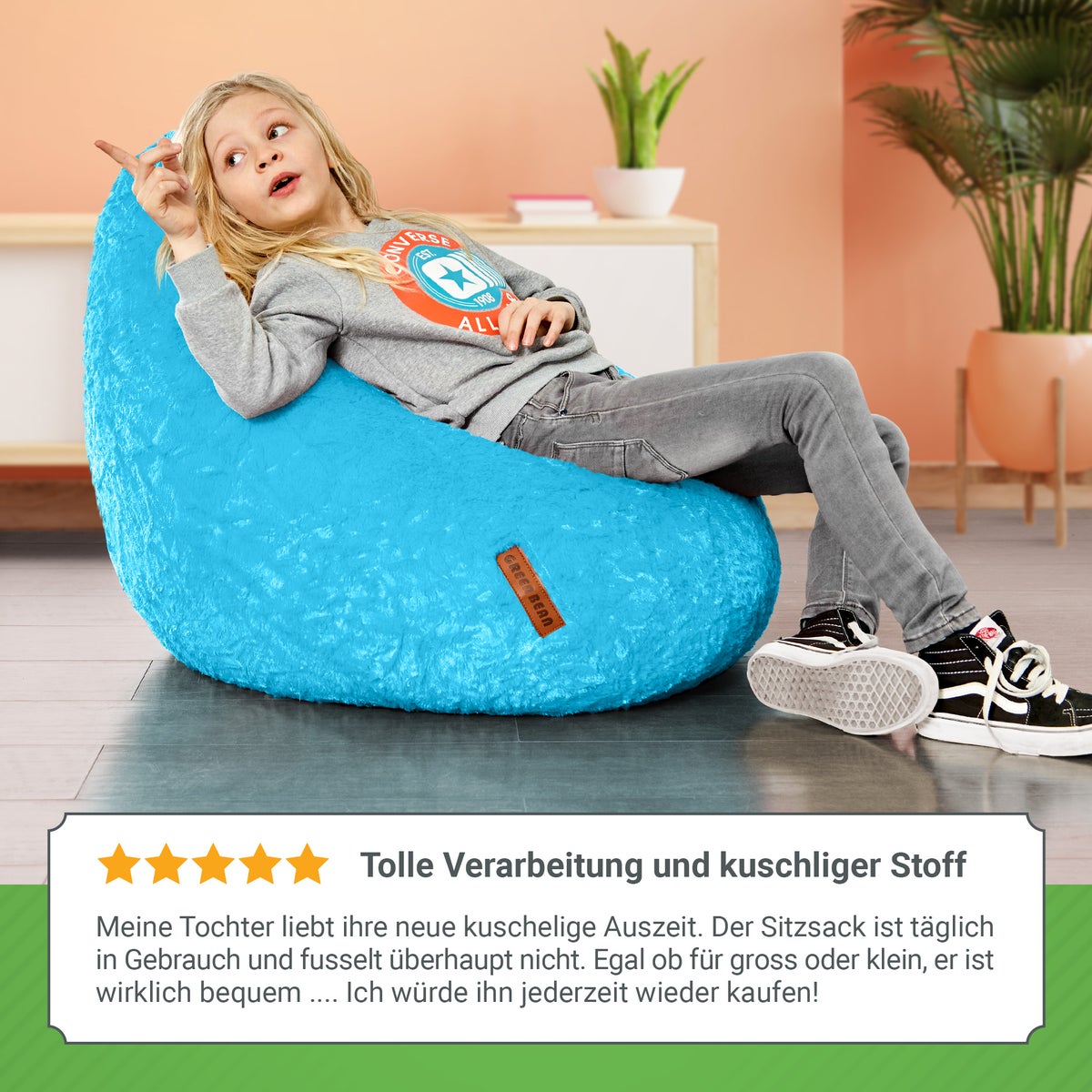 Green Bean Pluche Zitzak 45x45x60cm - Binnenzitkussen met 120L EPS-korrelvulling, comfortabel, wasbaar - Zitzak Vloerkussen, Loungestoelkruk - Lichtblauw
