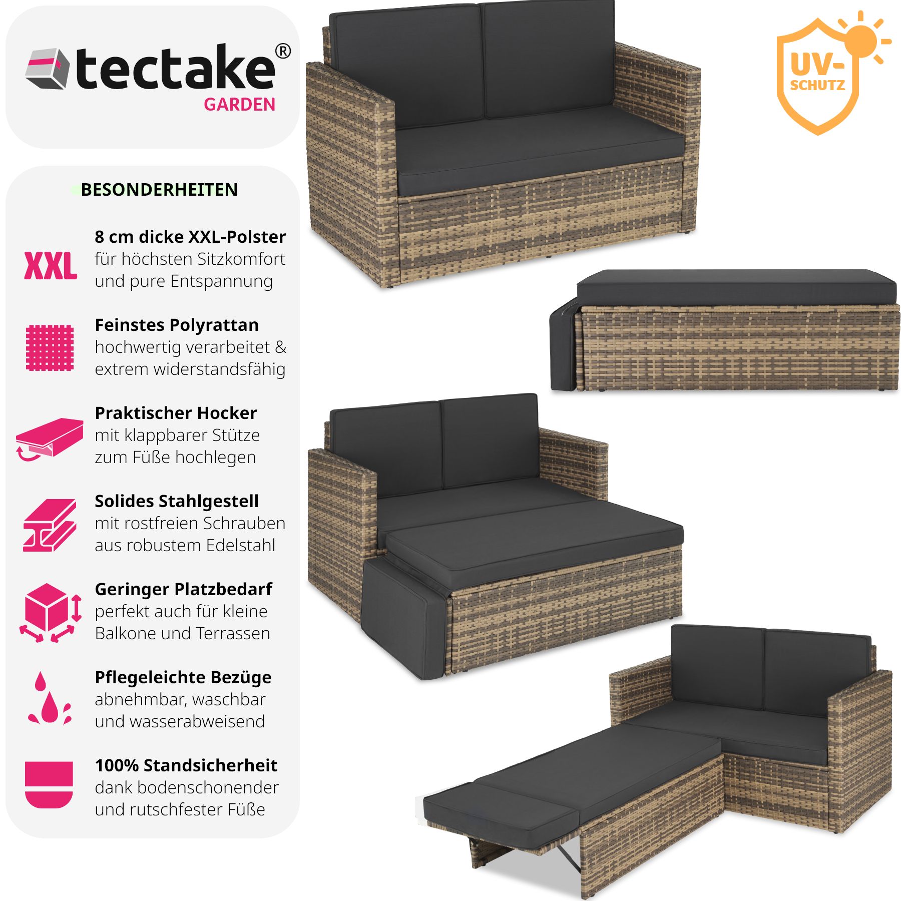 tectake® Rattan Lounge, 2-Sitzer, UV-beständig, Hocker mit klappbarer Stütze