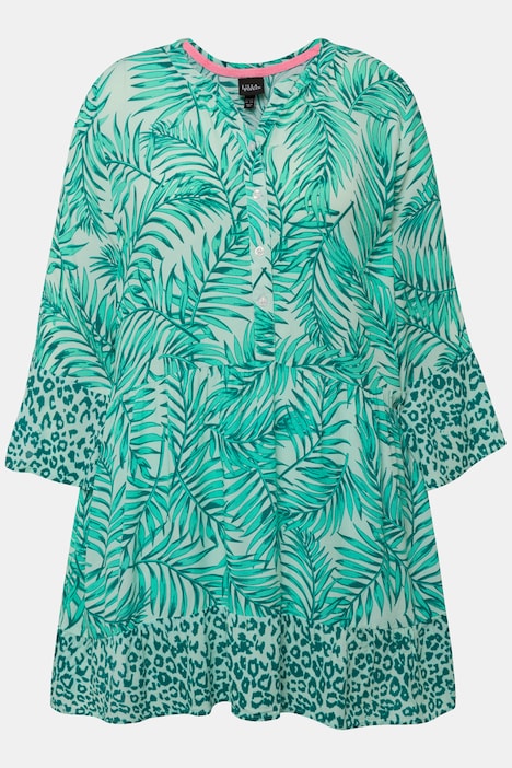 Longbluse, Palmen, A-Linie, Tunika-Ausschnitt, Halbarm