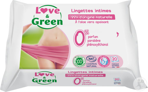 Love&Green Lingettes Intimes À L'Aloe Vera Apaisant 20 Pièces