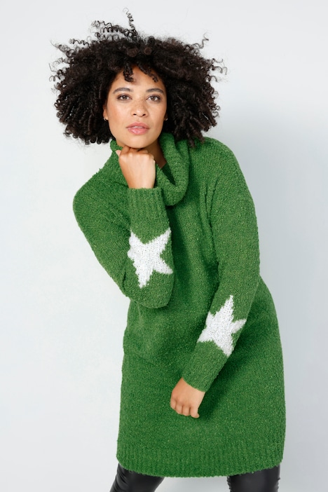 Long-Pullover, Bouclé-Strick, Sterne, Rollkragen, Langarm