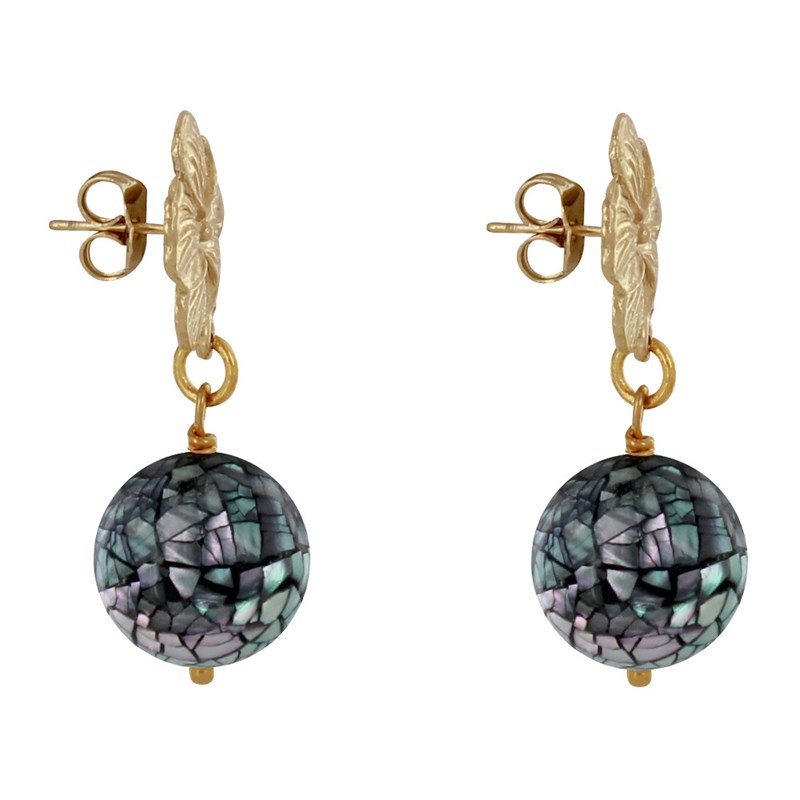 Boucles d'Oreilles Clous Métal Doré Fleur et Perle de Nacre Facettée