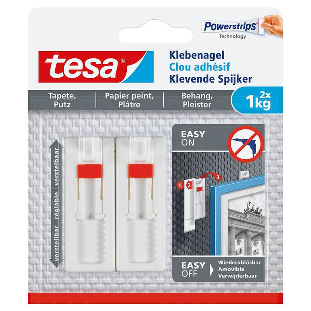 Tesa Klevende Spijker voor Behang en Pleisterwerk, verstelbaar, draagvermogen 1 kg, blister van 2 stuks