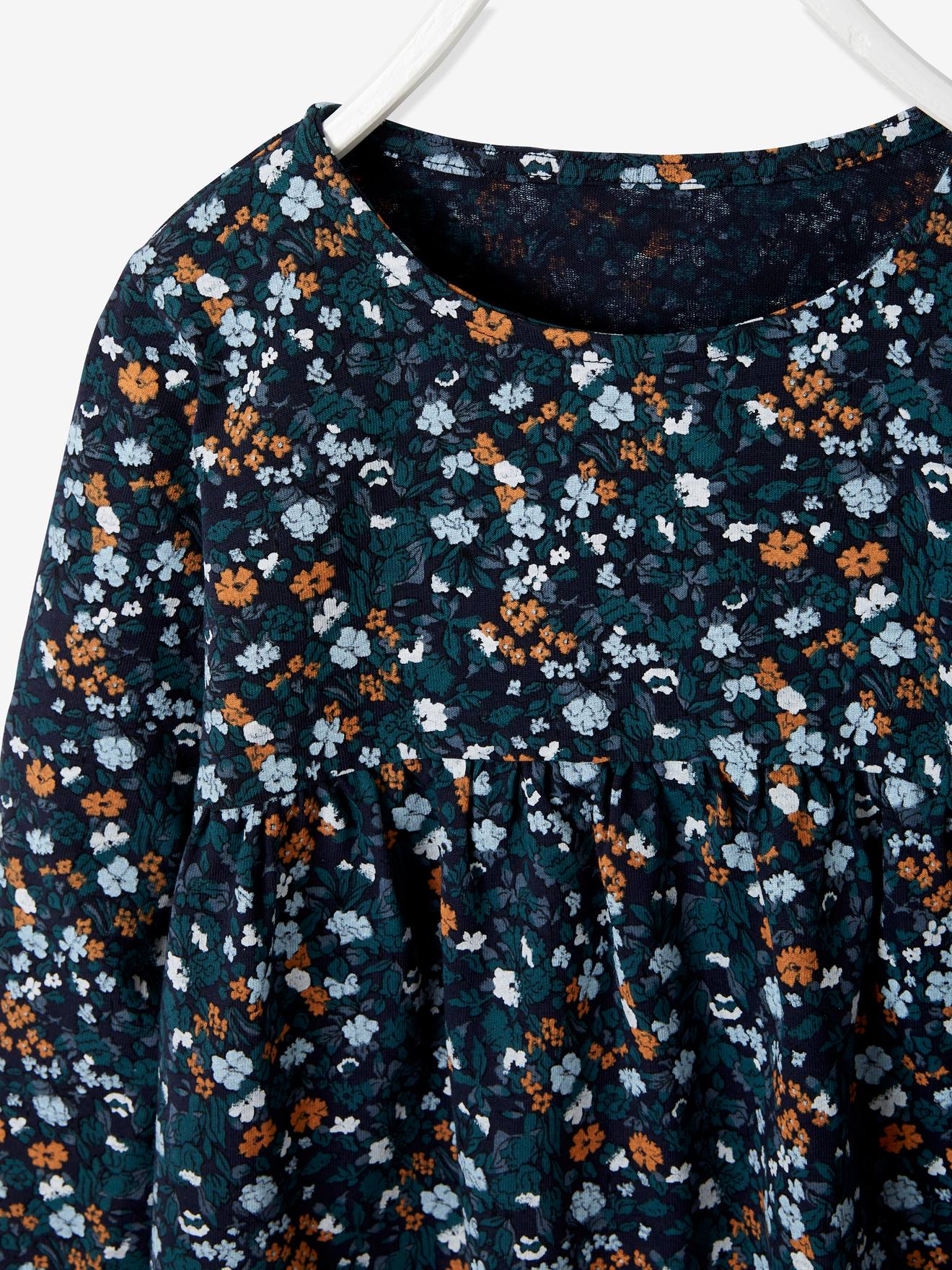 Conjunto de casaquinho e vestido com estampa floral para meninas, azul acinzentado