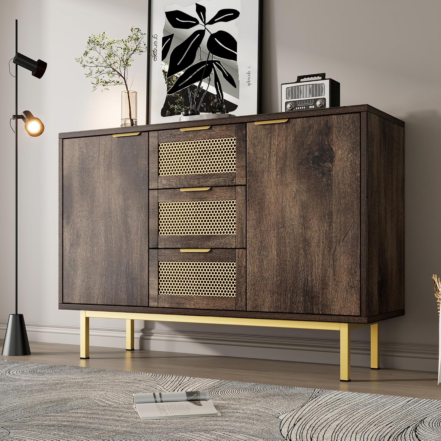 Kommode Sideboard-Schrank, möbel mit 3 Schubladen und 2 Türen, 120 x 40 x 76 cm, Holz， Metallgriffe Kommode, Mehrzweckschrank für Flur, Schlafzimmer, Wohnzimmer und Kinderzimmer, Dunkelbraun