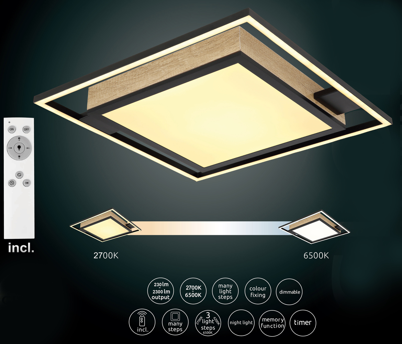 LED-Deckenleuchte - schwarz-Holzoptik - 40 cm
