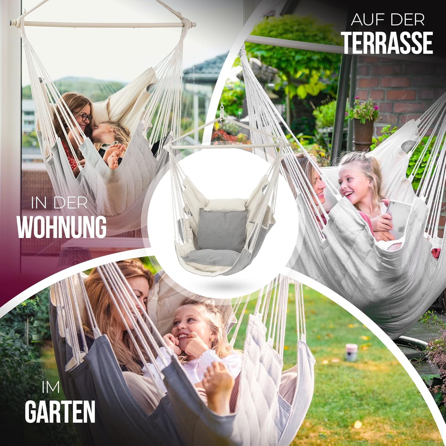 Hängesessel High-Class Outdoor & Indoor XXL [All Inclusive Paket mit Aufhängung + 3 Kissen] Kinder & Erwachsene bis 150 kg | Hängematte Wohn- Schlafzimmer, Garten Balkon Terrasse