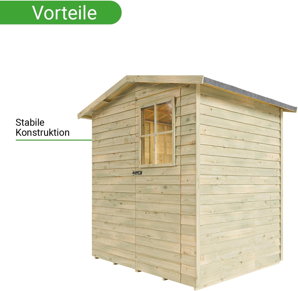 Gerätehaus Dortmund 1 | Gartenhaus | Wandstärke 9 mm | Kesseldruckimprägniert | BxTxH: 180 x 145 x 210 cm | Einzeltür mit Lichtausschnitt | Inkl. Dachpappe + Beschläge