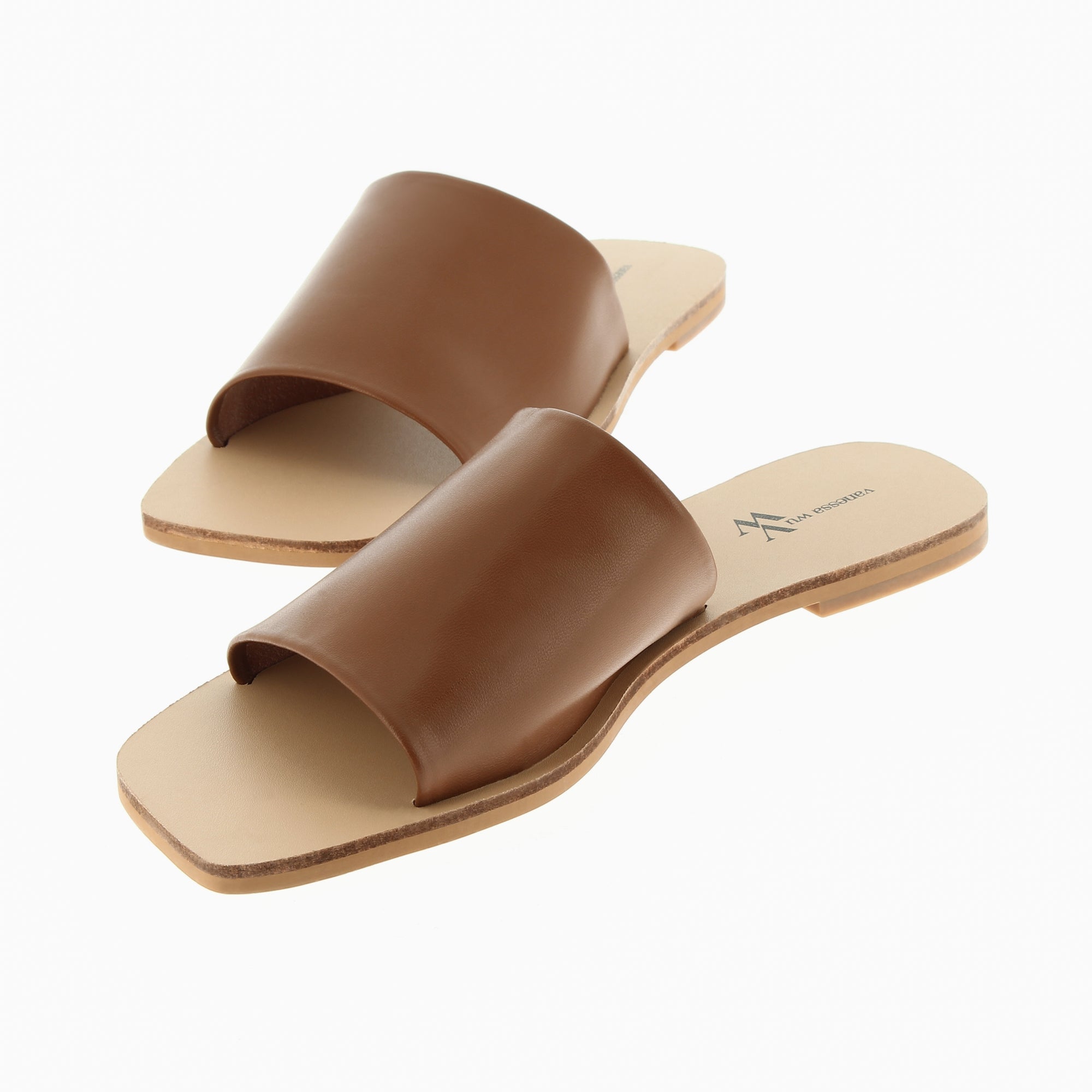 Sandales plates-Mules plates Sandra à large bride camel