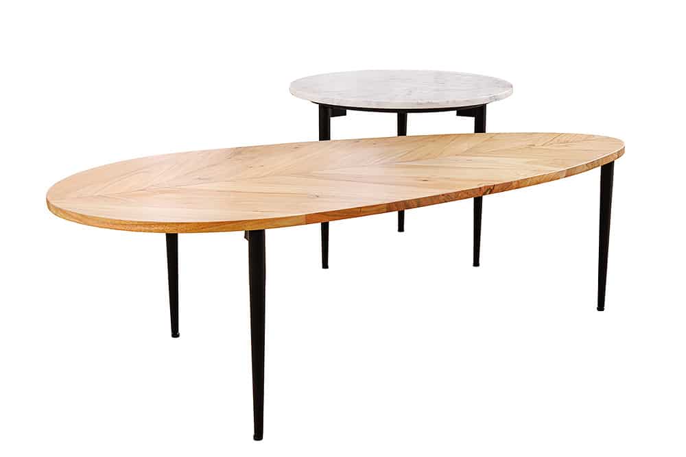 2er Set Couchtische ADLON 110cm natur weiß Akazienholz Marmor schwarz Metall