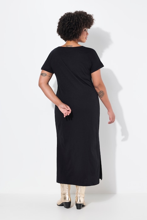 Jersey-Maxikleid, Rundhals, Halbarm, Seitenschlitze