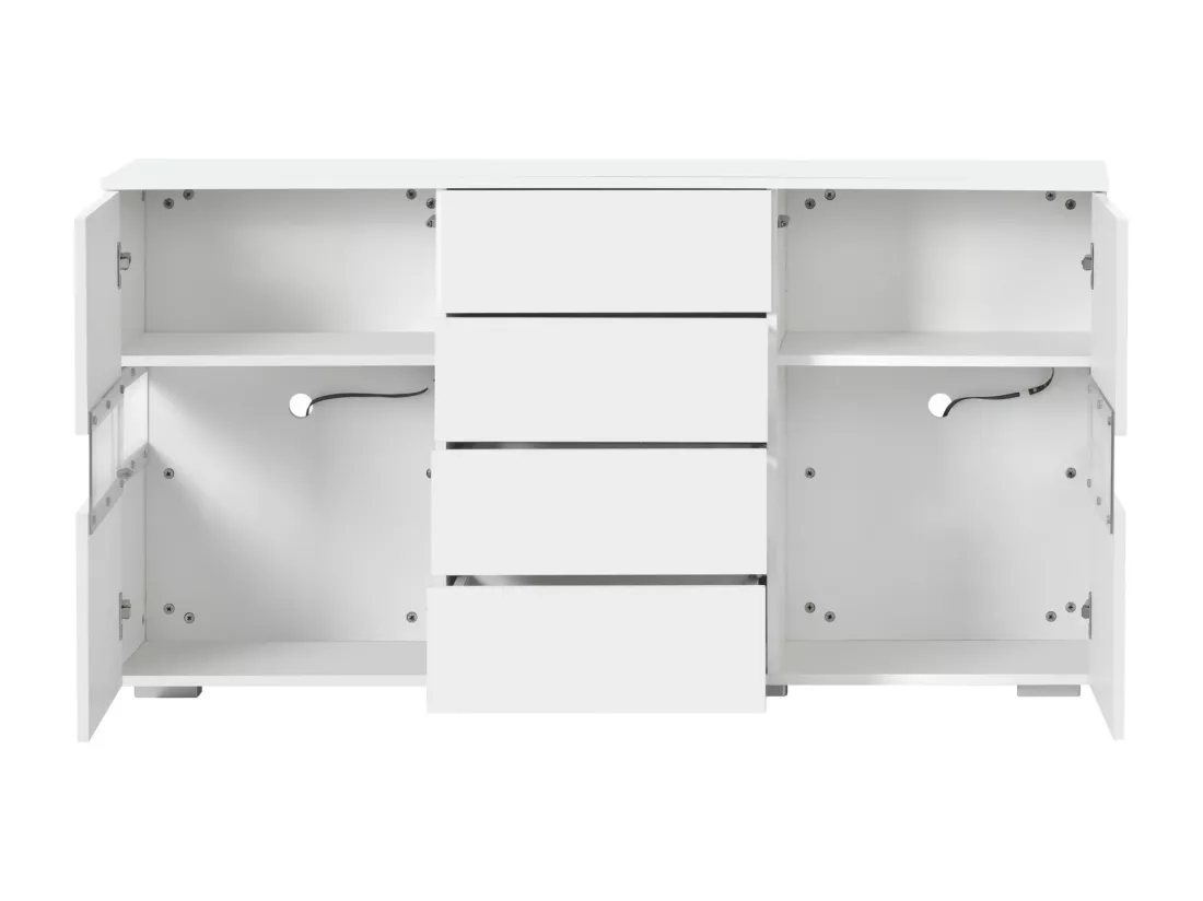 Banc TV 4 tiroirs et 4 portes, avec LED RGB et télécommande, meuble TV alimenté par USB, Blanc, 140x35x72cm