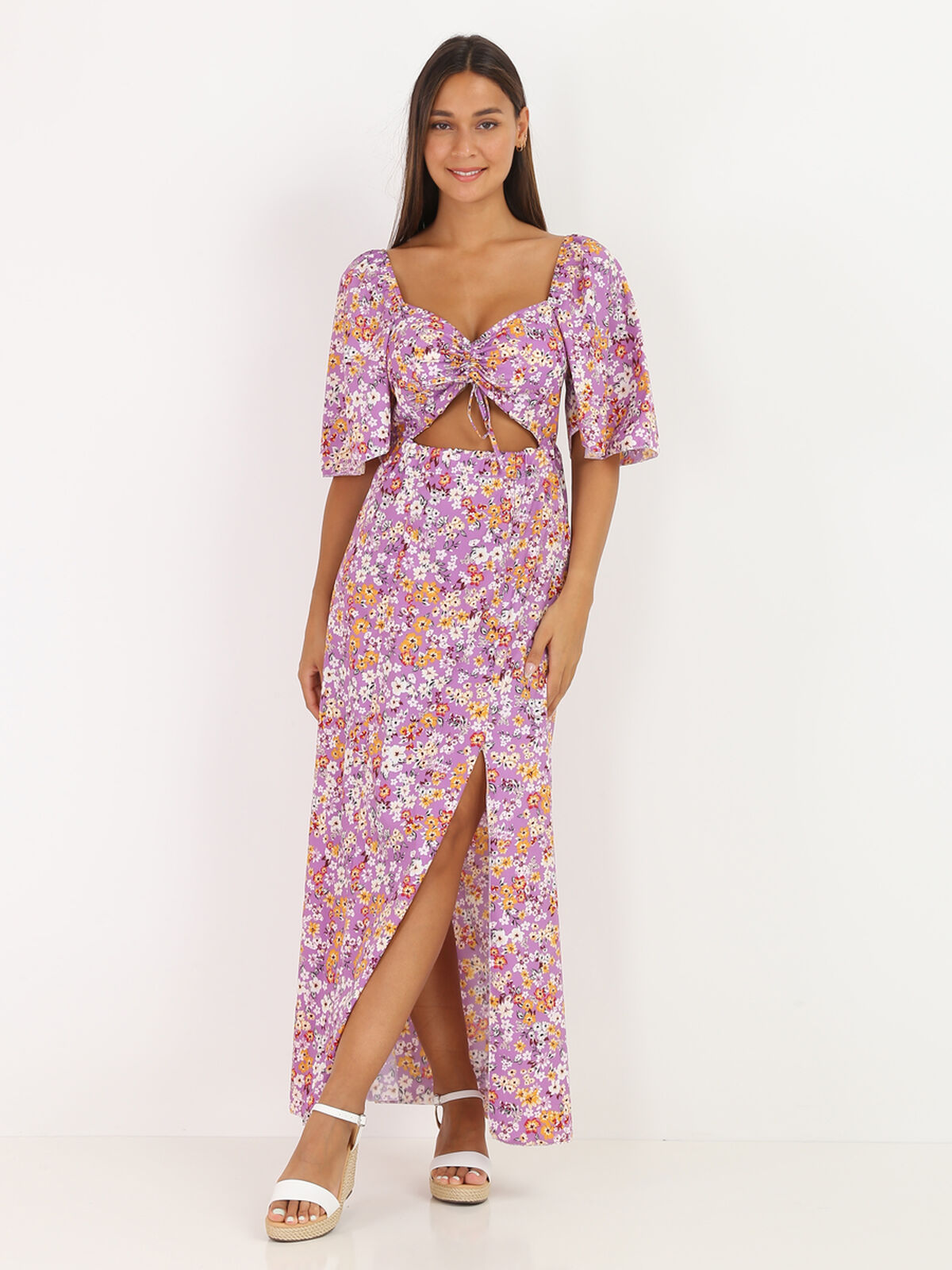 Robe ajourée à imprimé fleuri- Violet