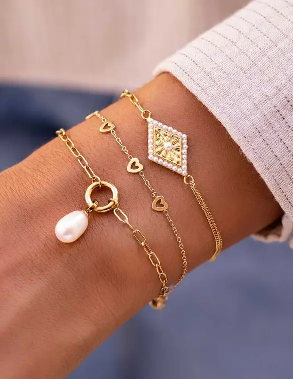 My Jewellery Armband met geruite bedel met parels MJ09240