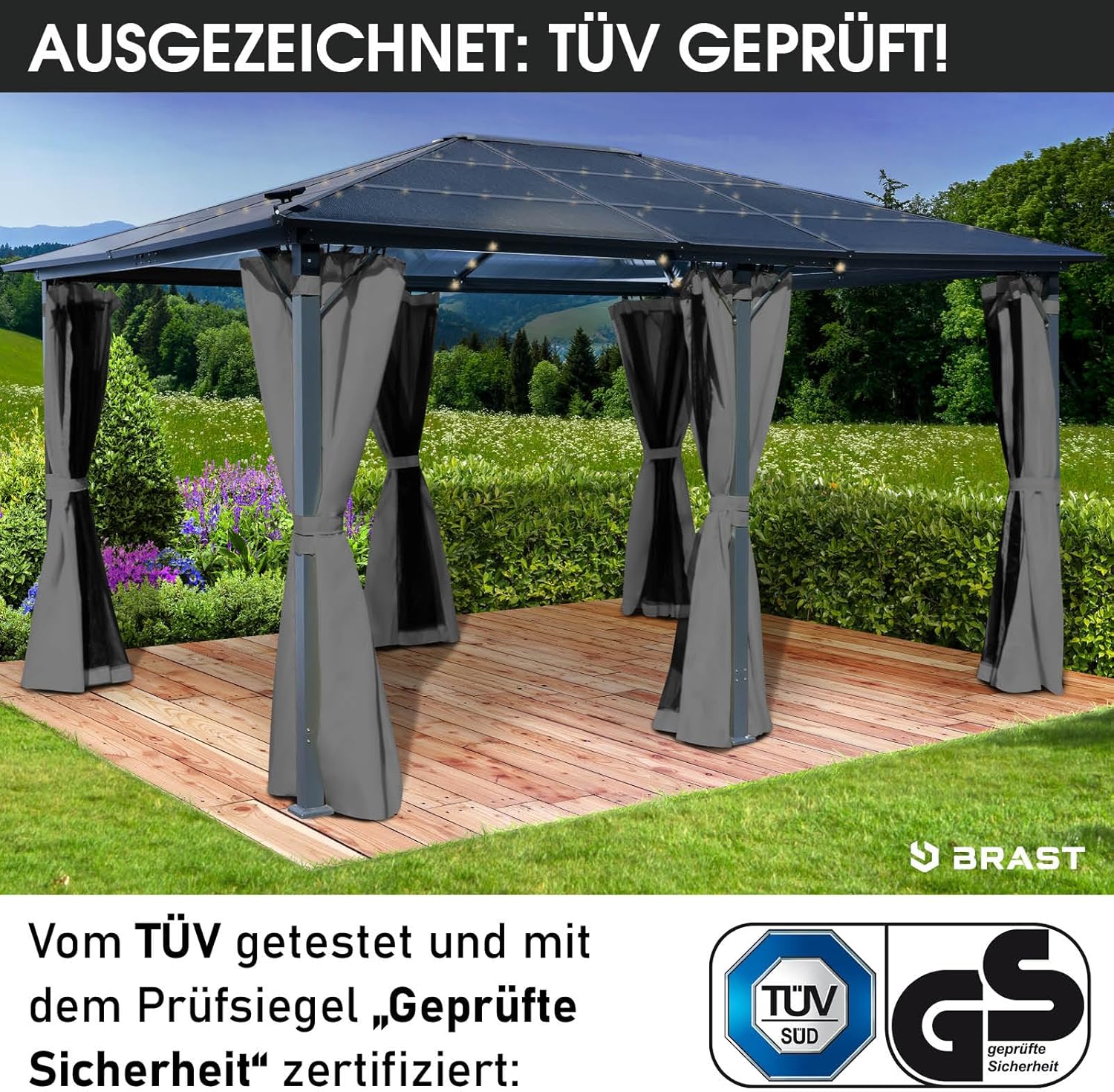 BRAST® Alu Pavillon Premium | viele Modelle & Farben | Größen 3x4m 3,6x4,8m | inkl. Moskitonetz + LED | TÜV geprüft | wasserdicht | UV-Schutz | festes Dach | 3,6x4,8m Grau LED