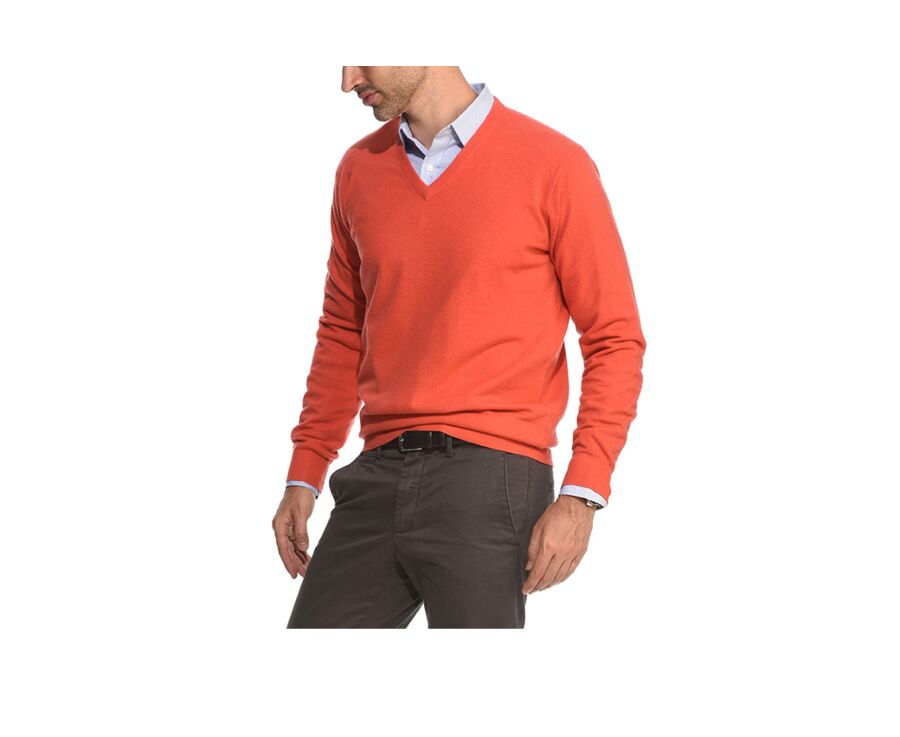Pull homme laine col V Orange Feu - ELOUAN