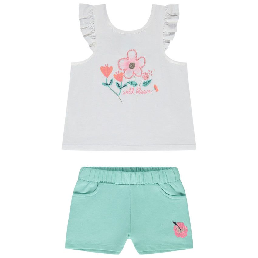 Ensemble 2 pièces débardeur print fleurs + short uni pour fille - Blanc
