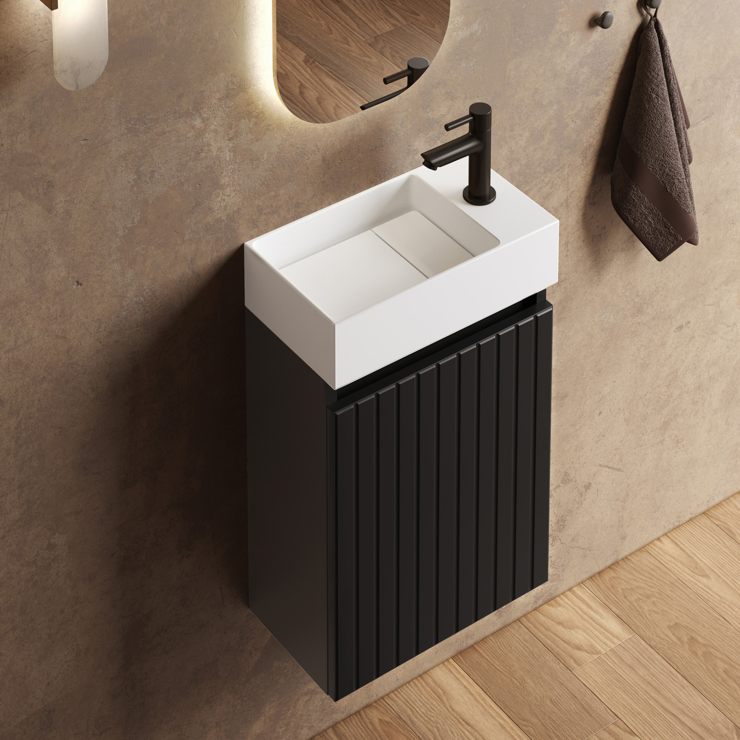 Fontana Itsie toiletmeubel mat zwart ribbelfront 40cm met fontein in mat wit