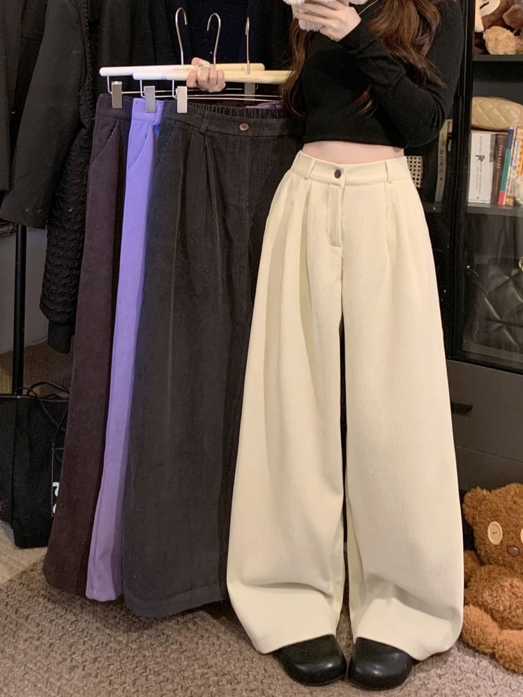 Flowerisque - Hoge taille effen corduroy broek met wijde pijpen