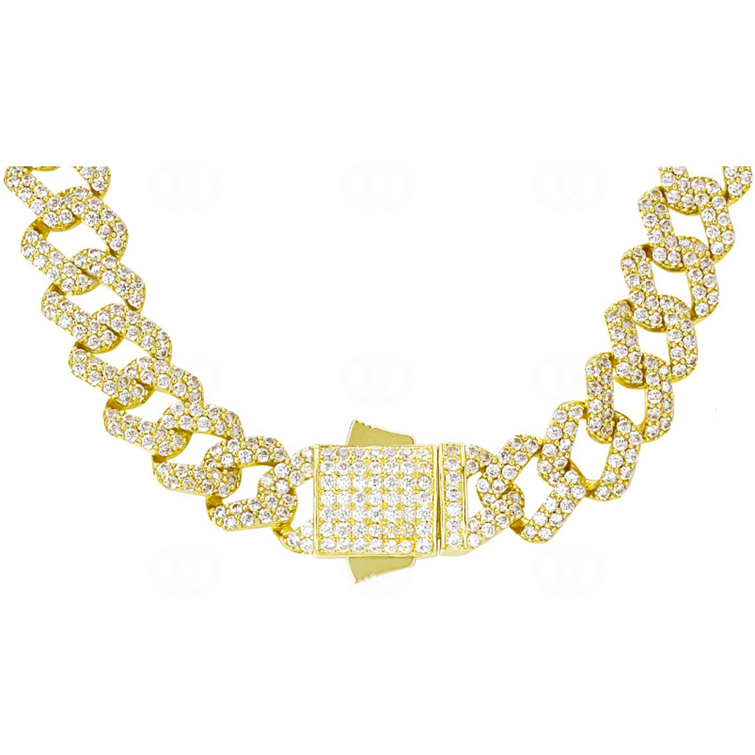 12mm Prong Cuban Link Panzerkette Gelb vergoldet mit Zirkonia