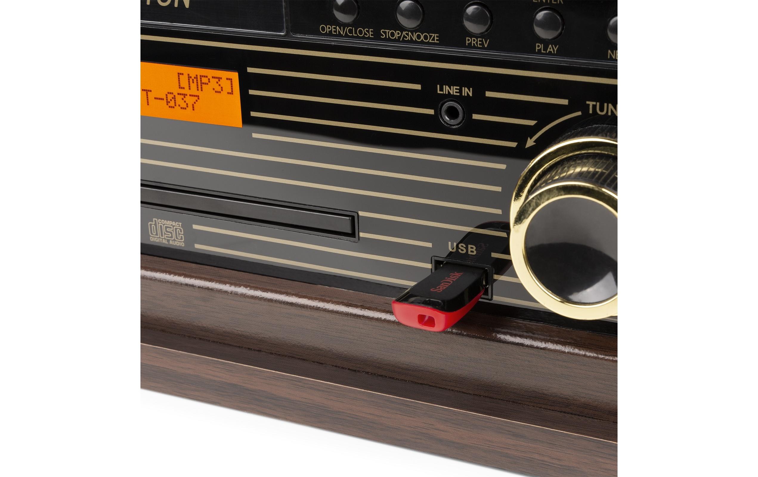 Plattenspieler Memphis Vintage Dunkelbraun<br>Retro Plattenspieler mit Radio, Bluetooth, Media-Player und Umwandlungsmöglichkeit für Schallplatten und Kassetten