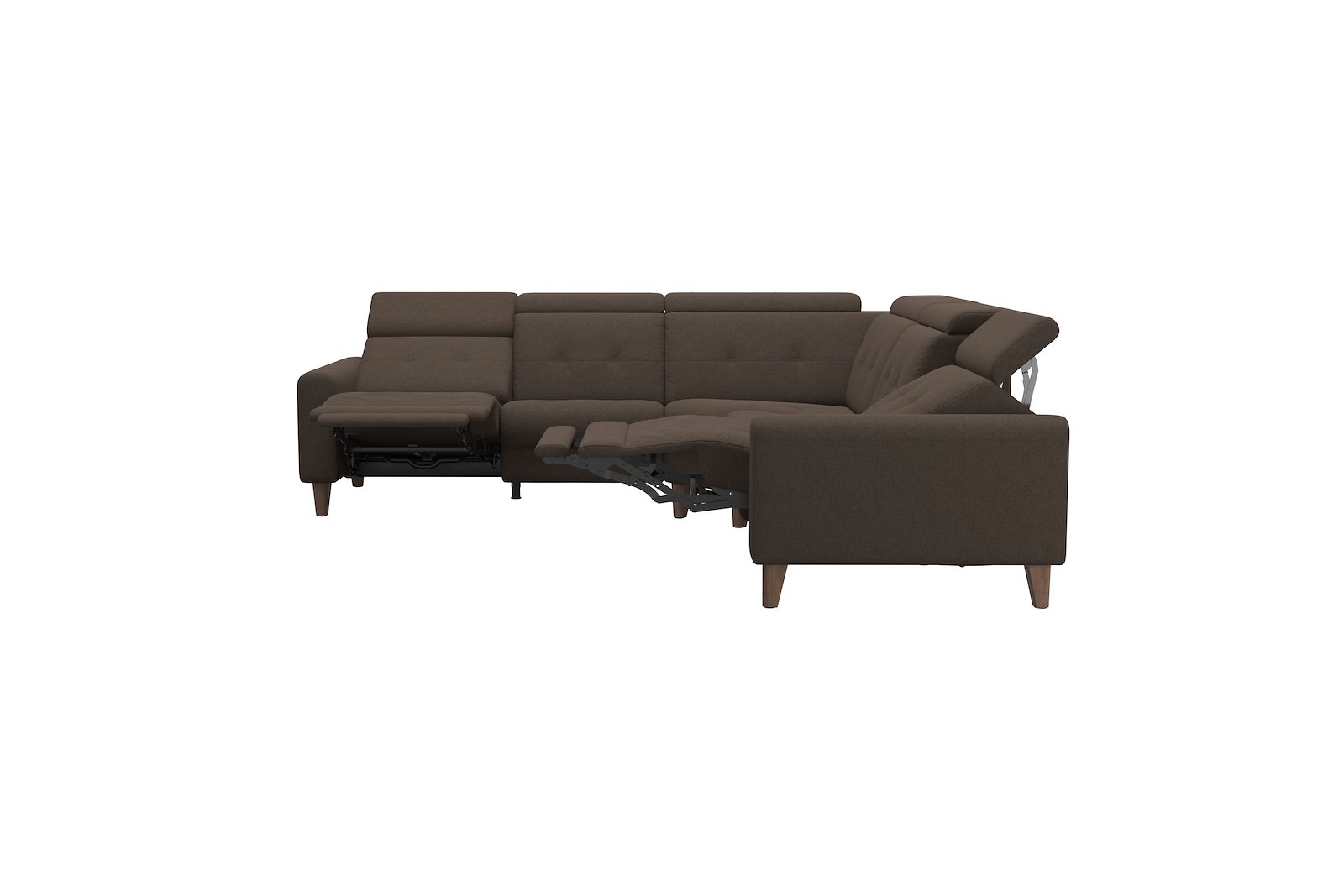 Anna C22 hjørnesofa (PMCMP) Tekstil Calido Brown med A1 arm og valnøttbeisede skrå ben, 14 cm. (Power-Manual-CornerManual-Manual-Power)