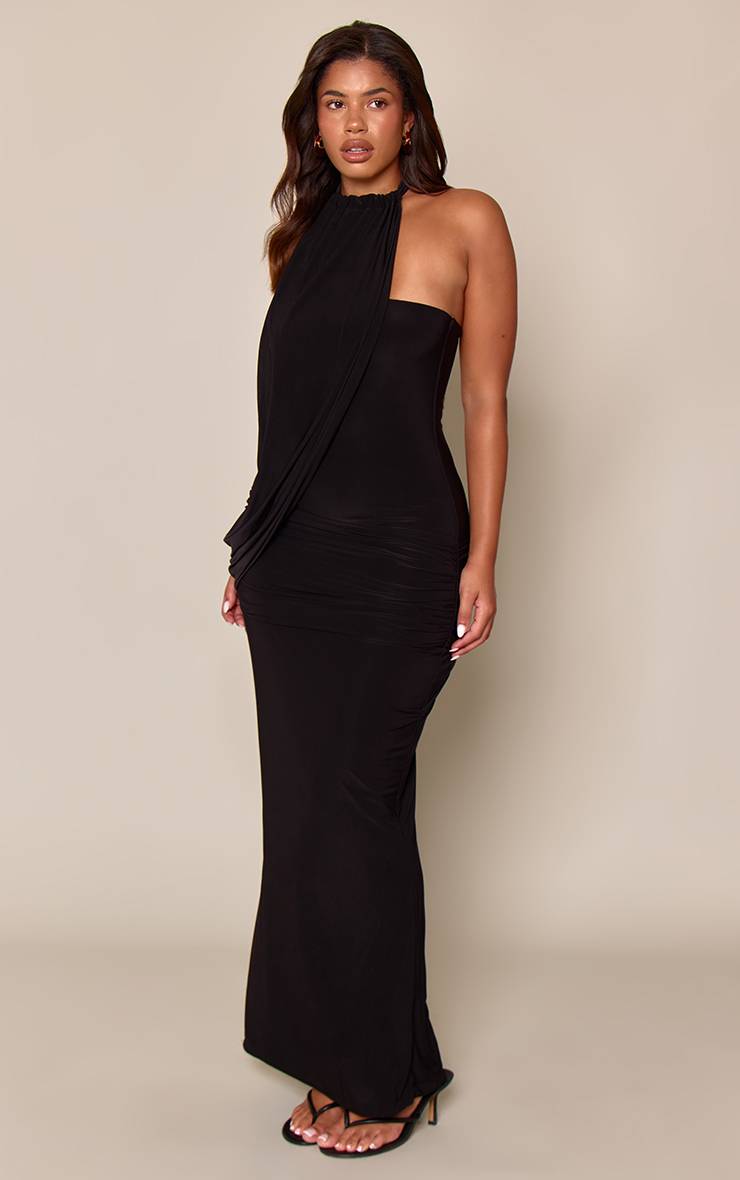 Noir Robe Longue Moulante À Découpes Drapées