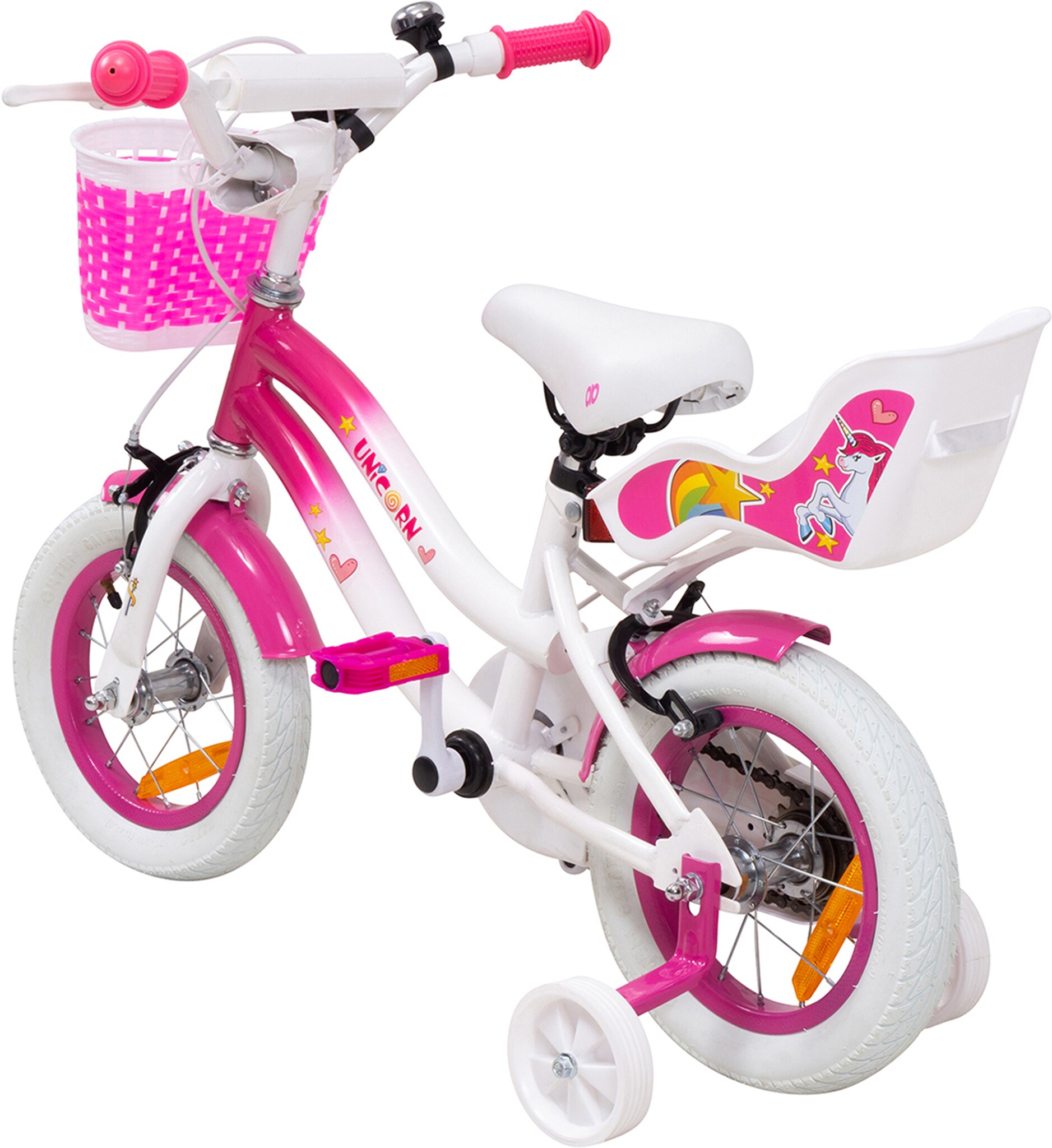 Actionbikes Kinderfahrrad Unicorn 12 Zoll, Pink, Einhorn-Design, Puppensitz, Stützräder, Fahrradkorb