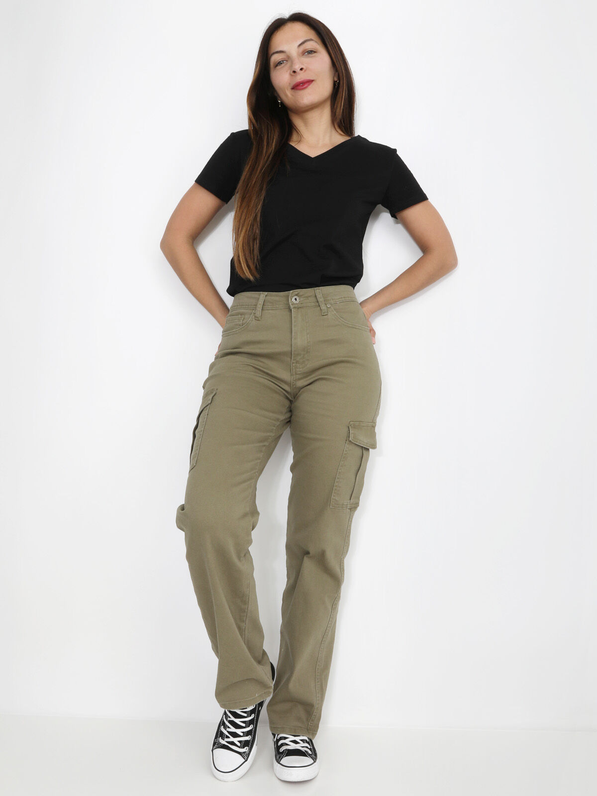 Jeans cargo large en coton- Kaki