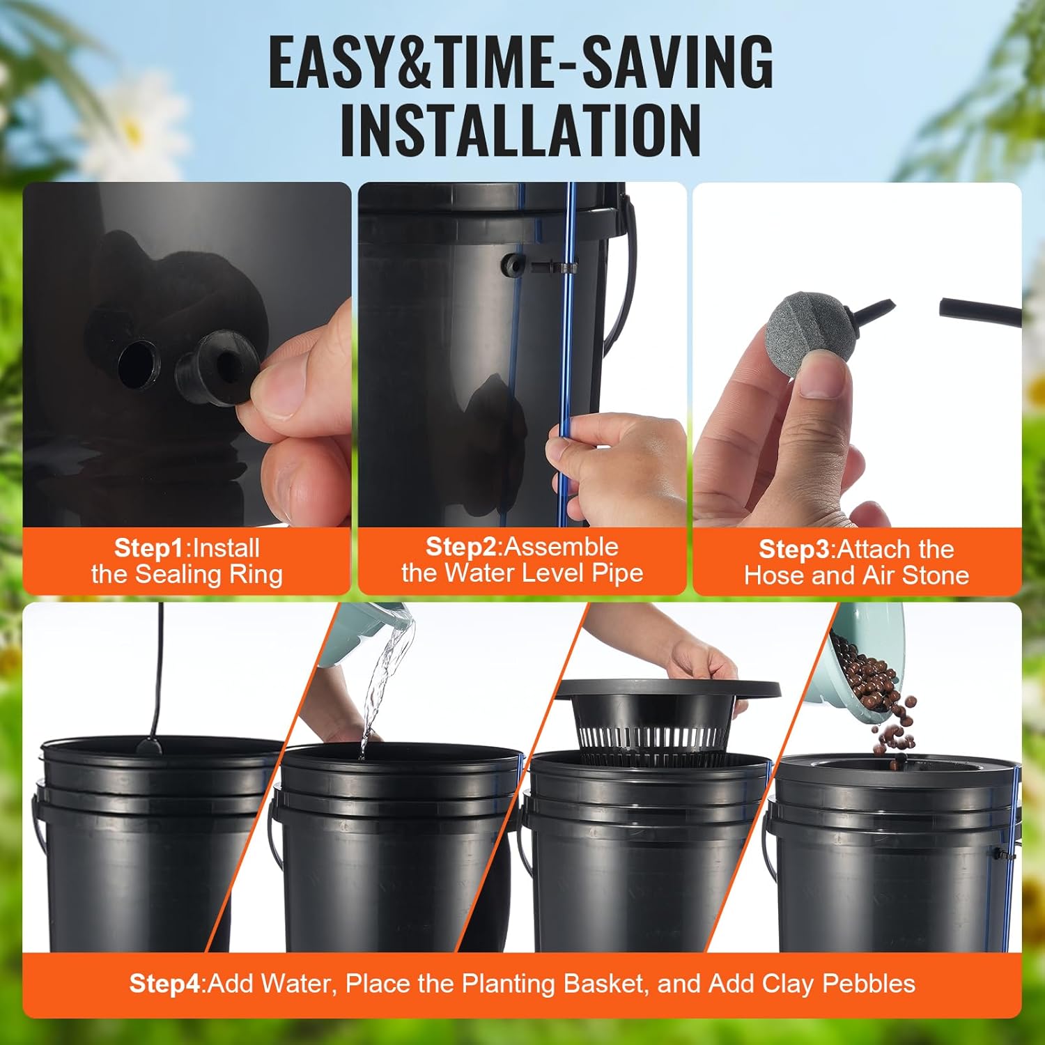 VEVOR DWC Hydrokultur-Anbausystem, Hydrokultur Anzuchtsysteme mit Topf-Tropfkit, Tiefwasserkultur 4X 20L-Eimer, mit Luftpumpe, Luftsteinen und Wasserstandsanzeige für Blattgemüse