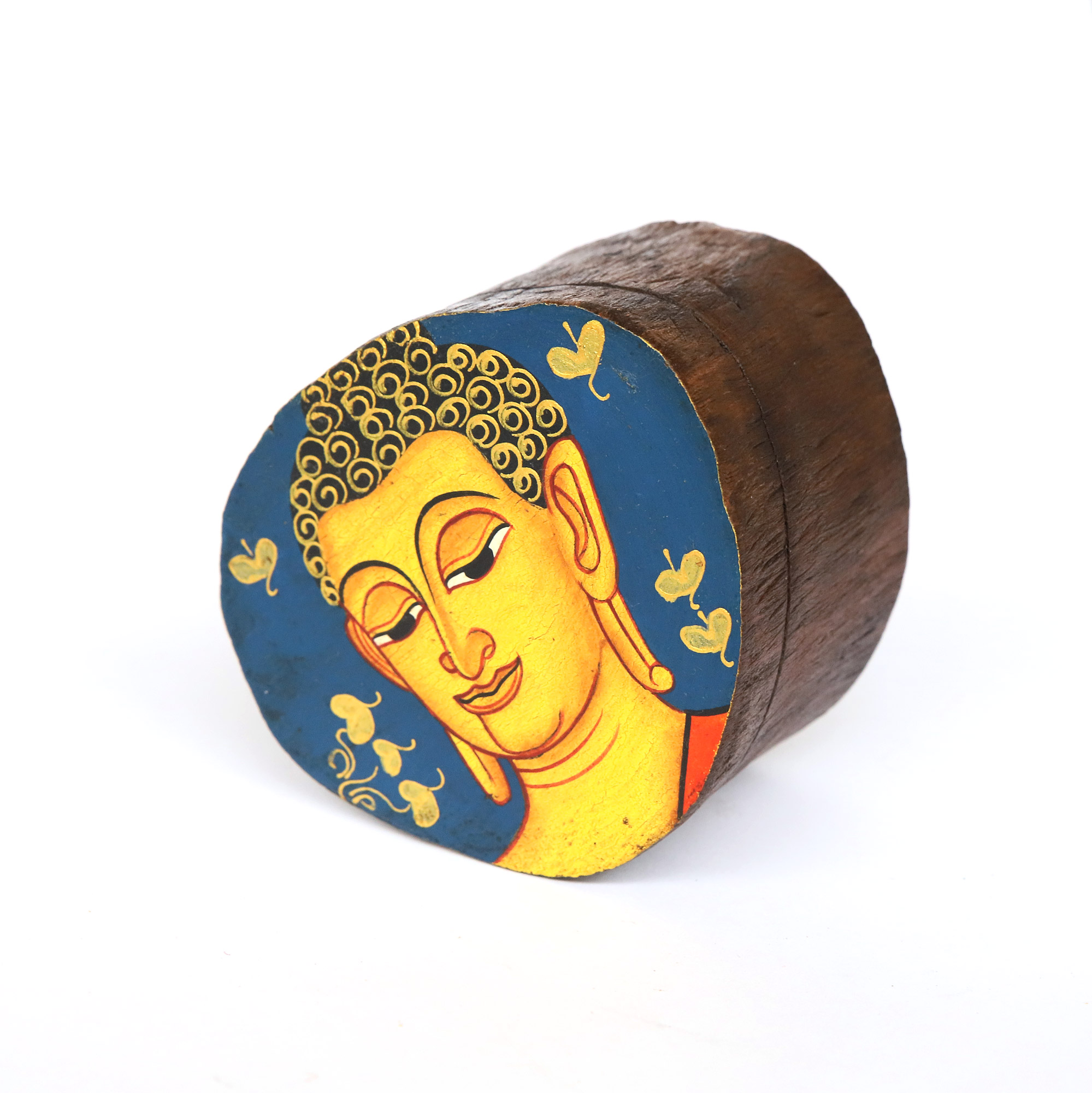 Holzschatulle 'Buddha blau', Teak, Ø 8 - 9 cm, H 7 cm von fischer's lagerhaus