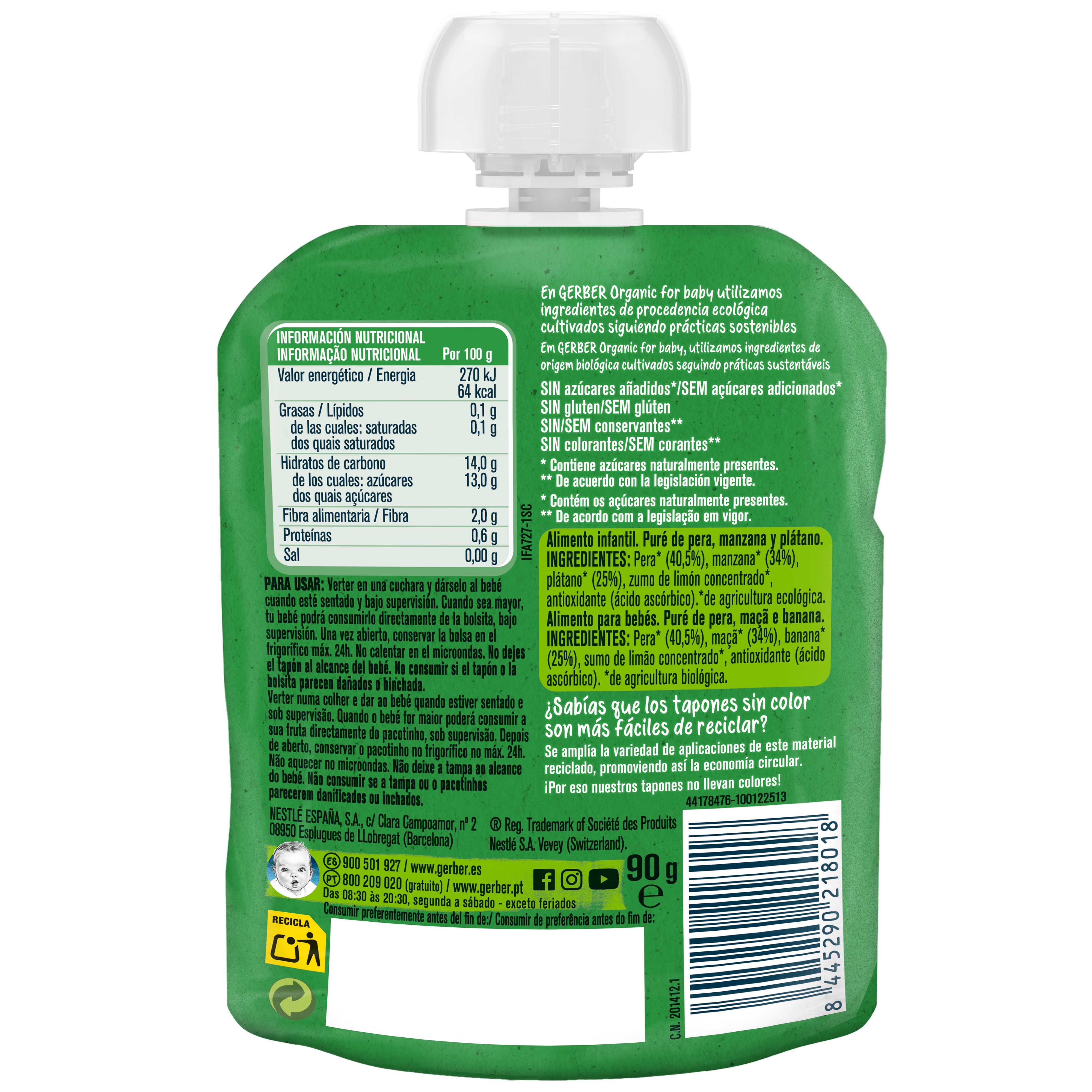 SAQUETA FRUTA GERBER BIO PÊRA MAÇÃ E BANANA 90G