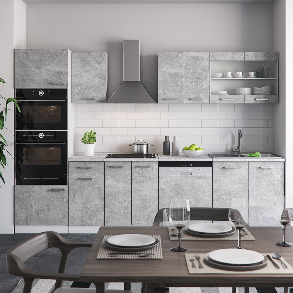 VICCO KÜCHE R-LINE 300 CM KÜCHENZEILE KÜCHENBLOCK EINBAUKÜCHE BETON MIT ARBEITSPLATTEN